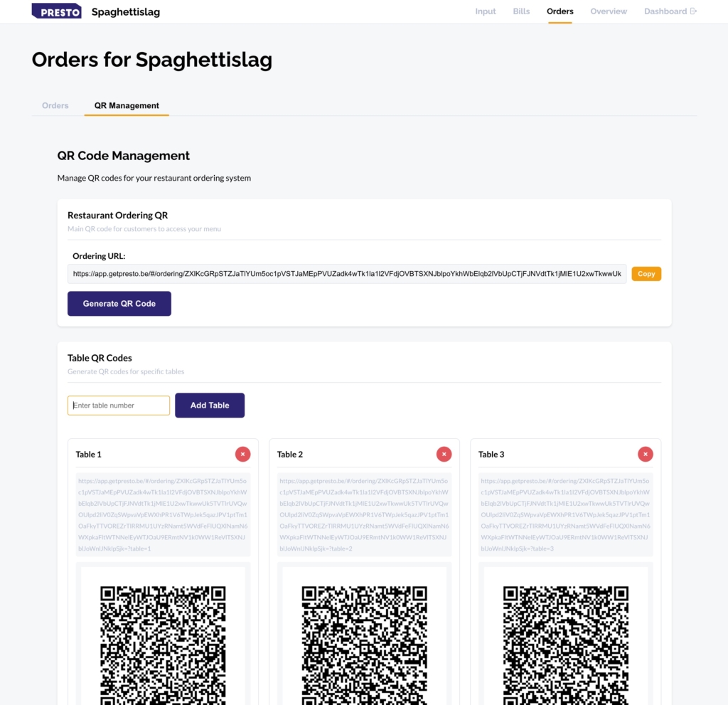 online menu per tafel