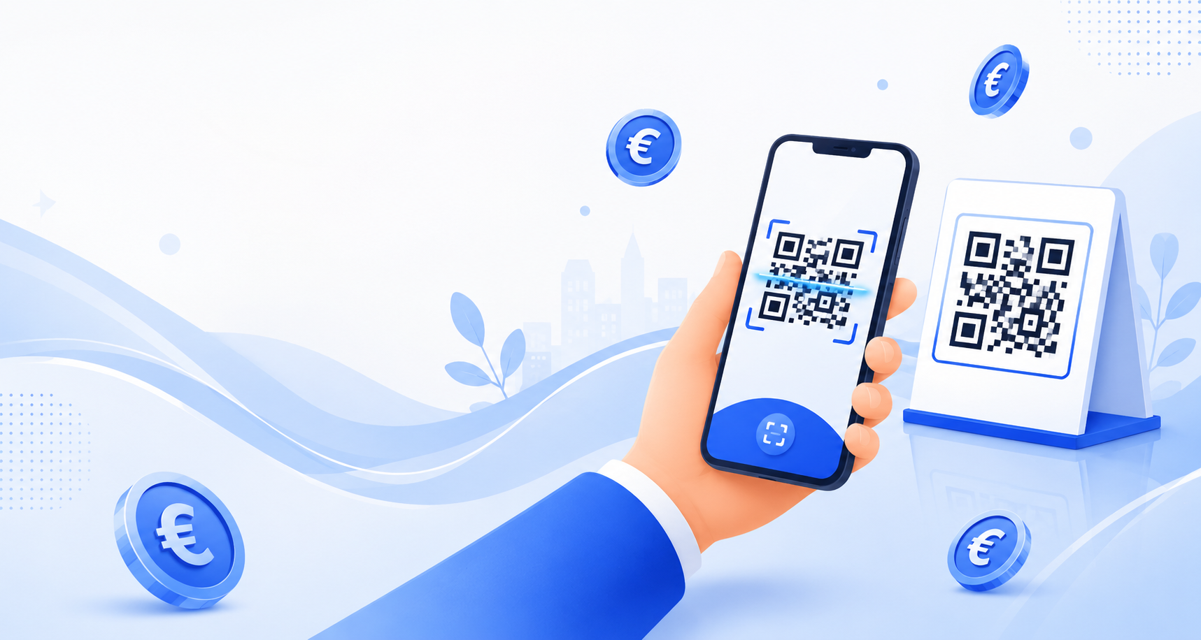 Hand met smartphone scant SEPA QR-code met euro-symbolen