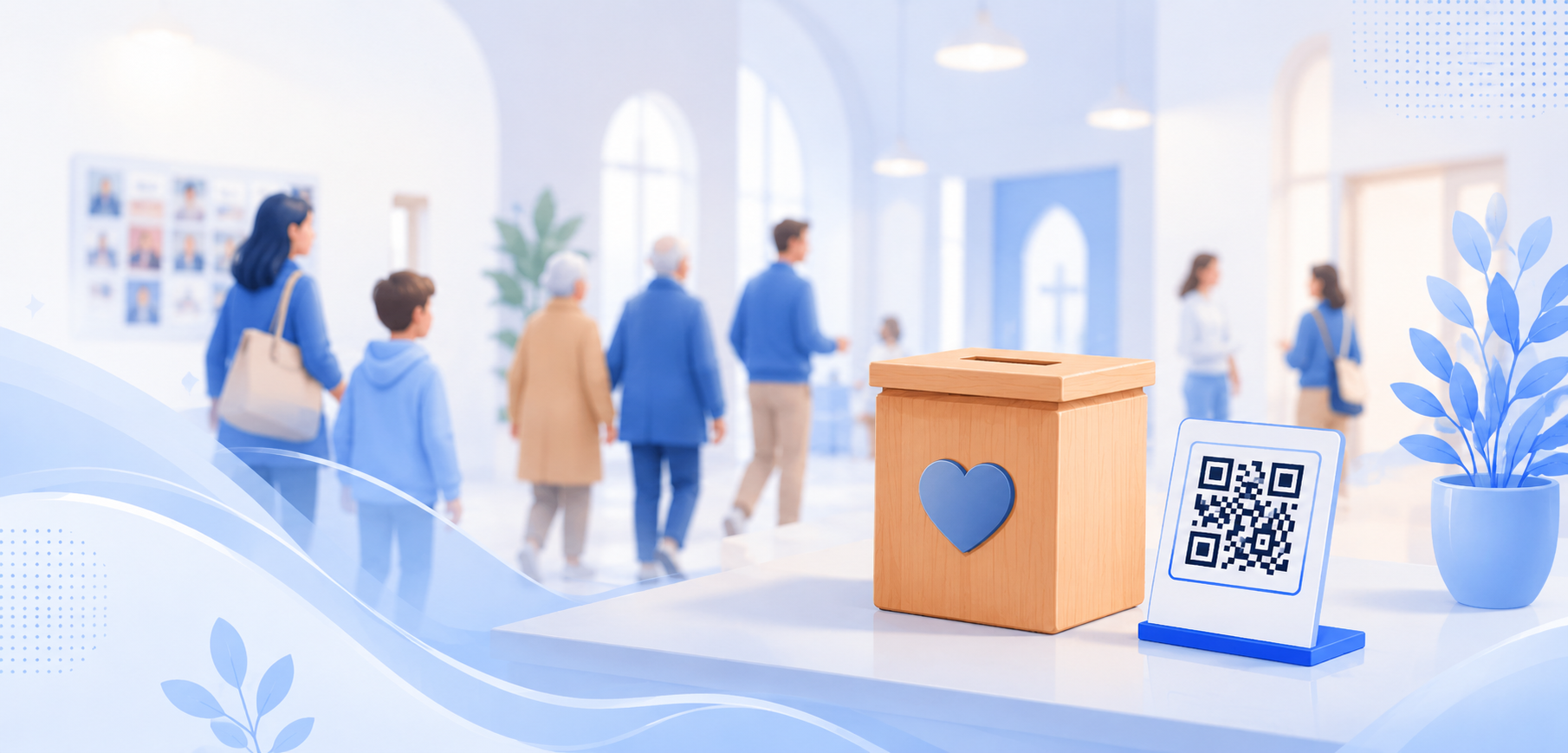 Donatiebox met QR-code in een gemeenschapscentrum